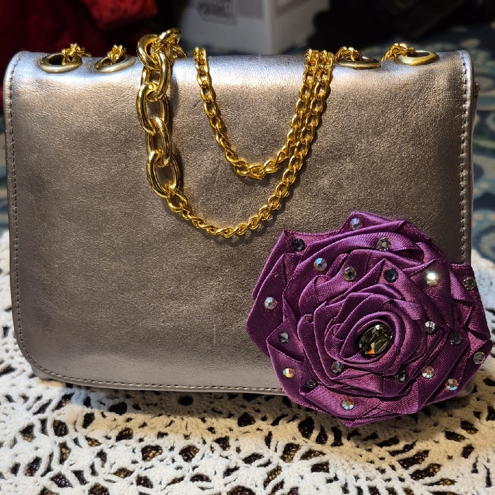 Chic Silver and Purple Crossbody Or Shoulder Purse with Floral Detail